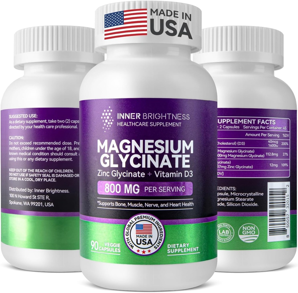 Magnesium Glycinate - Magnesium Supplement with Zinc & Vitamin D3 for Immune, Bone & Muscle Support and Heart Health - Non-GMO, Gluten-Free, Gentle on Stomach - 90 Vegetarian Capsules