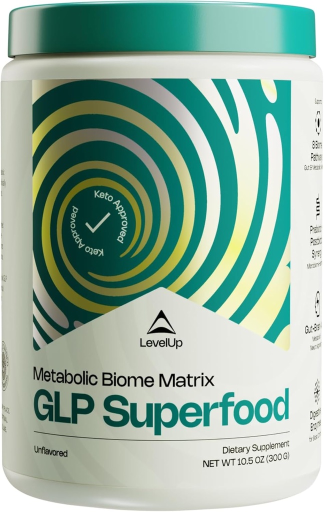 LevelUp® GLP Superfood – with Akkermansia Probiotic, Prebiotics, Postbiotics, Digestive Enzymes & Polyphenols | Fiber-Powered Gut Drink | Keto, Vegan, Zero Sugar (Unflavored)