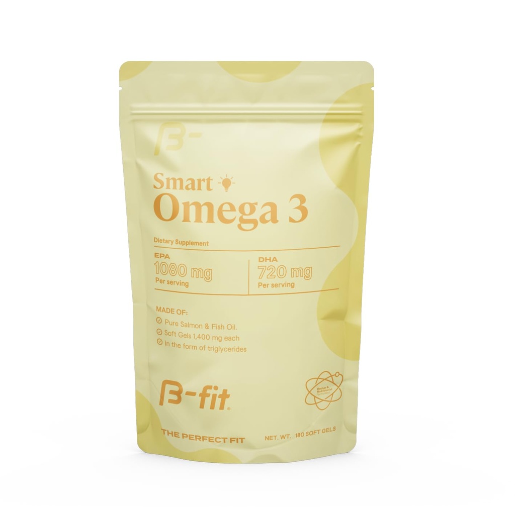 B-FIT Omega 3 Fish Oil - Υψηλής ισχύος πατενταρισμένο Formula - 1800 mg με 1080 mg EPA & 720 mg DHA - 180 Odorless Softgels από το νορβηγικό σολομό - 60-Day Supply - Heart, Brain & Joint support