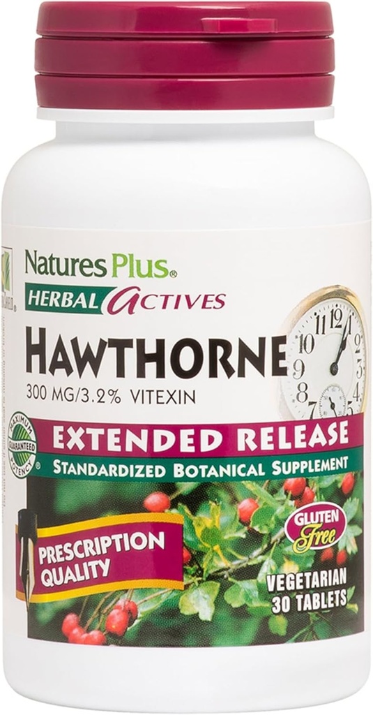 Natures Plus Herbal Actives Hawthorne - 300mg, 3, 2% Vitexin, 30 Vegan Tablets - 30 Servings