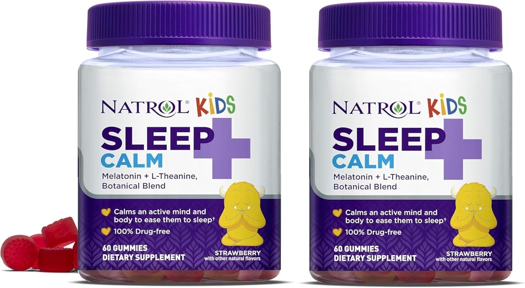 Natrol Kids Sleep+ Calm, Μελατονίνη και L-Θεανίνη, Gummys Sleep Aid με Βοτανοφυλετικές Μπλέδες, 100% Χωρίς Ναρκωτικά, 60 Count (Pack of 2)