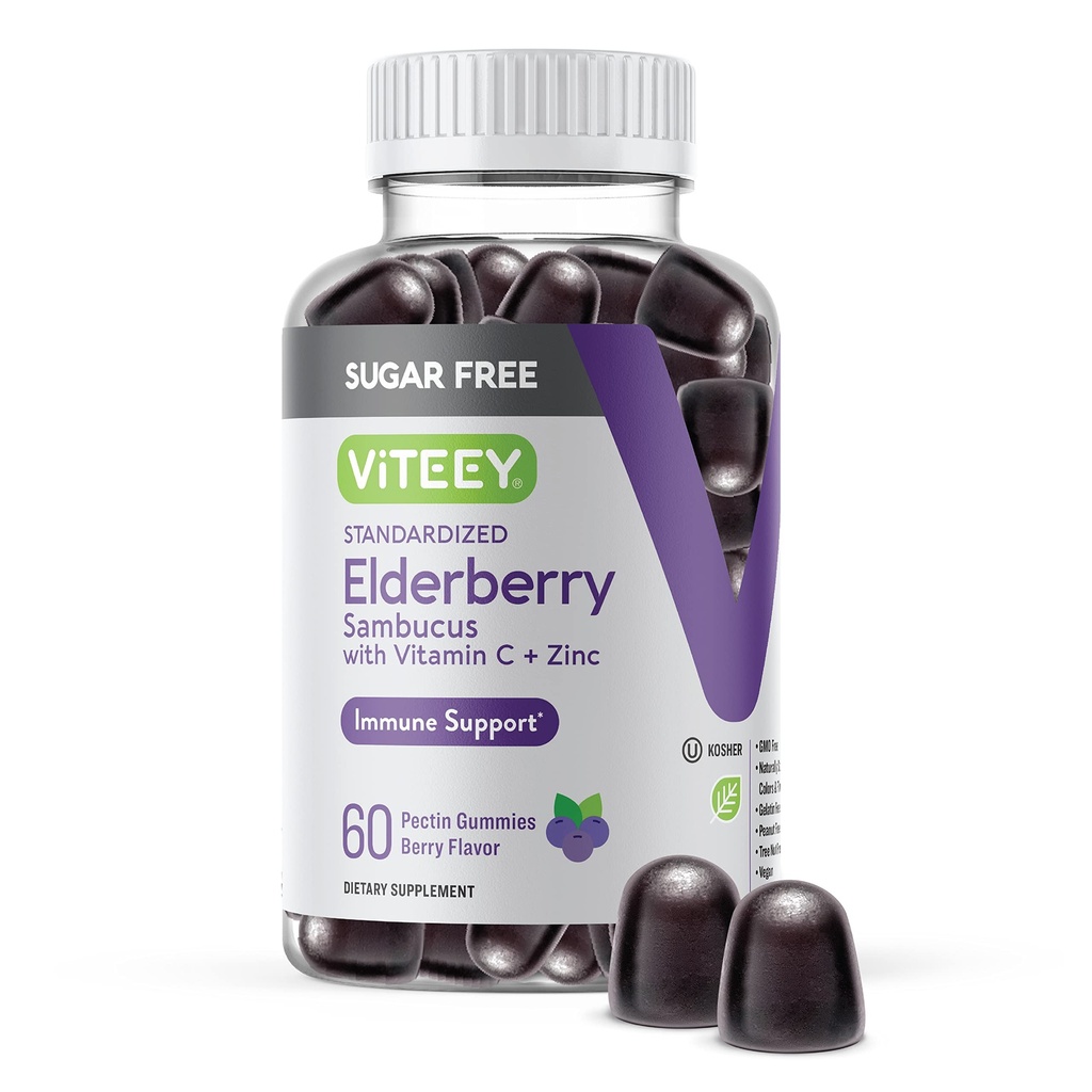 VITEEY Sambucus Elderberry Gummies for Adults & Teens + Ψευδάργυρος & Βιταμίνη C - Χωρίς ζάχαρη - Ανοσοποιητική Υποστήριξη & Αναμνηστικό συμπλήρωμα βοτάνων - Vegan, Gluten Free, GMO Free, Chewable Berry Γεύση