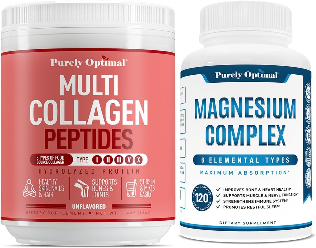 Purely Optimal Premium Multi Collagen Powder + Premium Magnesium Complex - Μαγνήσιο Κιτρικό, Κακή, Μυϊκή Χαλάρωση - 120 caps