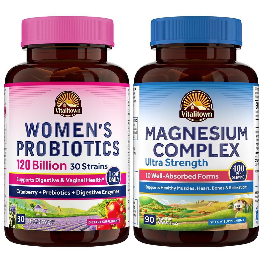 Vitalitown Magnesium + Probiotic Bundle (Pack of 2) | 10-in-1 Magnesium Complex & Women’s Probiotics 120 Billion CFUs | 90 Magnesium Caps & 30 Probiotic Caps