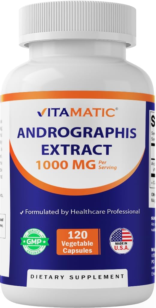Vitamatic Andrographis Extract 1000 mg ανά υπηρεσία - 120 κάψουλες Veg - 20X Extract, 100% χορτοφαγικά, όλα φυσικά, χωρίς γλουτένη, μη ΓΤΟ