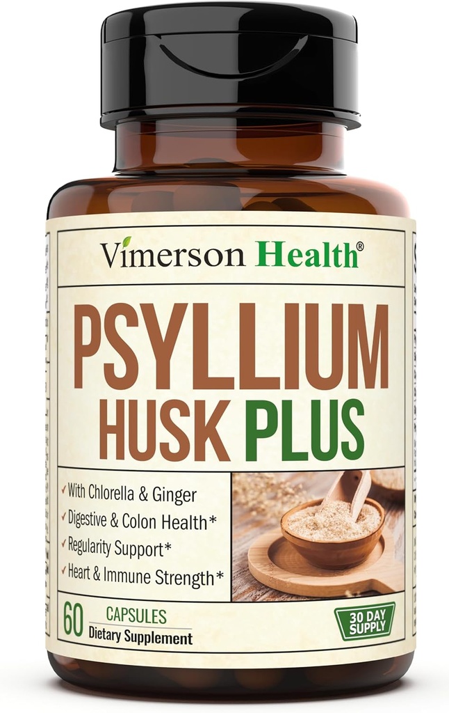 Fiber συμπλήρωμα με 1080mg Psyllium Husk Powder, Slippery Elm για γυναίκες και άνδρες, Ginger Root – Χάπια υψηλής Fiber για την κανονικότητα, Digestive & Gut Υγεία – Απαλή στο στομάχι 60 Psyllium Husk κάψουλες