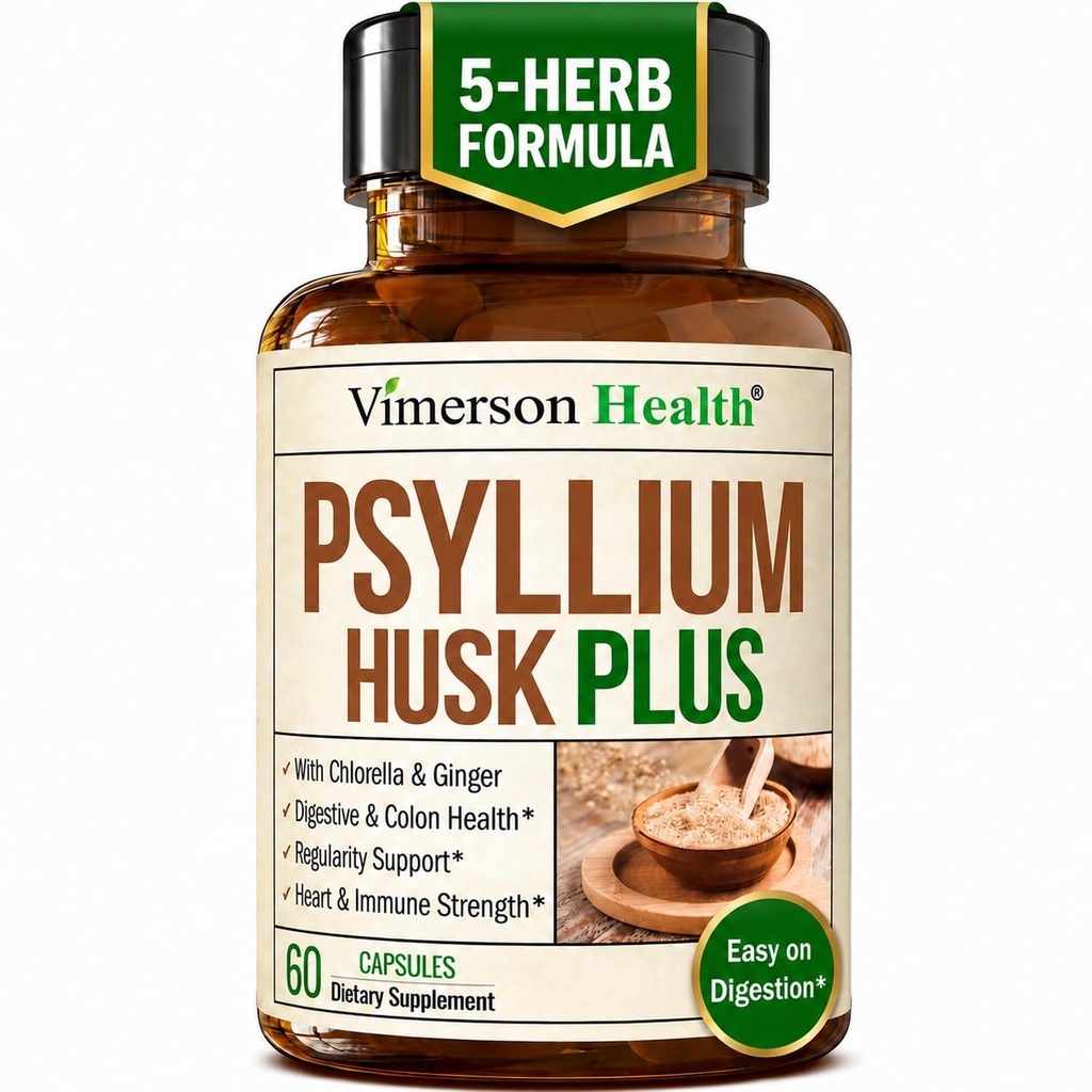 Fiber συμπλήρωμα με 1080mg Psyllium Husk Powder, Slippery Elm για γυναίκες και άνδρες, Ginger Root – Χάπια υψηλής Fiber για την κανονικότητα, Digestive & Gut Υγεία – Απαλή στο στομάχι 60 Psyllium Husk κάψουλες