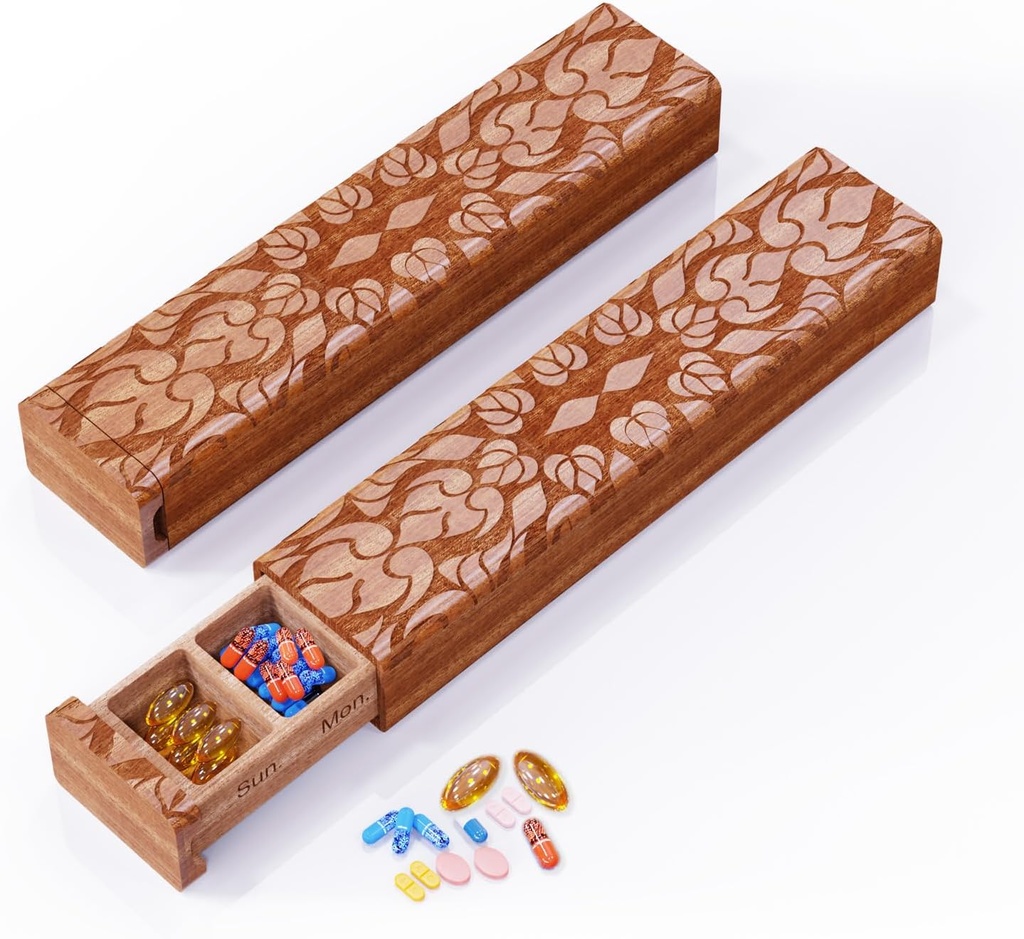 Ξύλινος διοργανωτής χαπιών, 7 Day Pill Box, Travel Pill Box, Ξύλινη θήκη χαπιών Προστασία απορρήτου Ιδανική για φαρμακευτική αγωγή, βιταμίνες, ιχθυέλαια, συμπληρώματα (Sapele)
