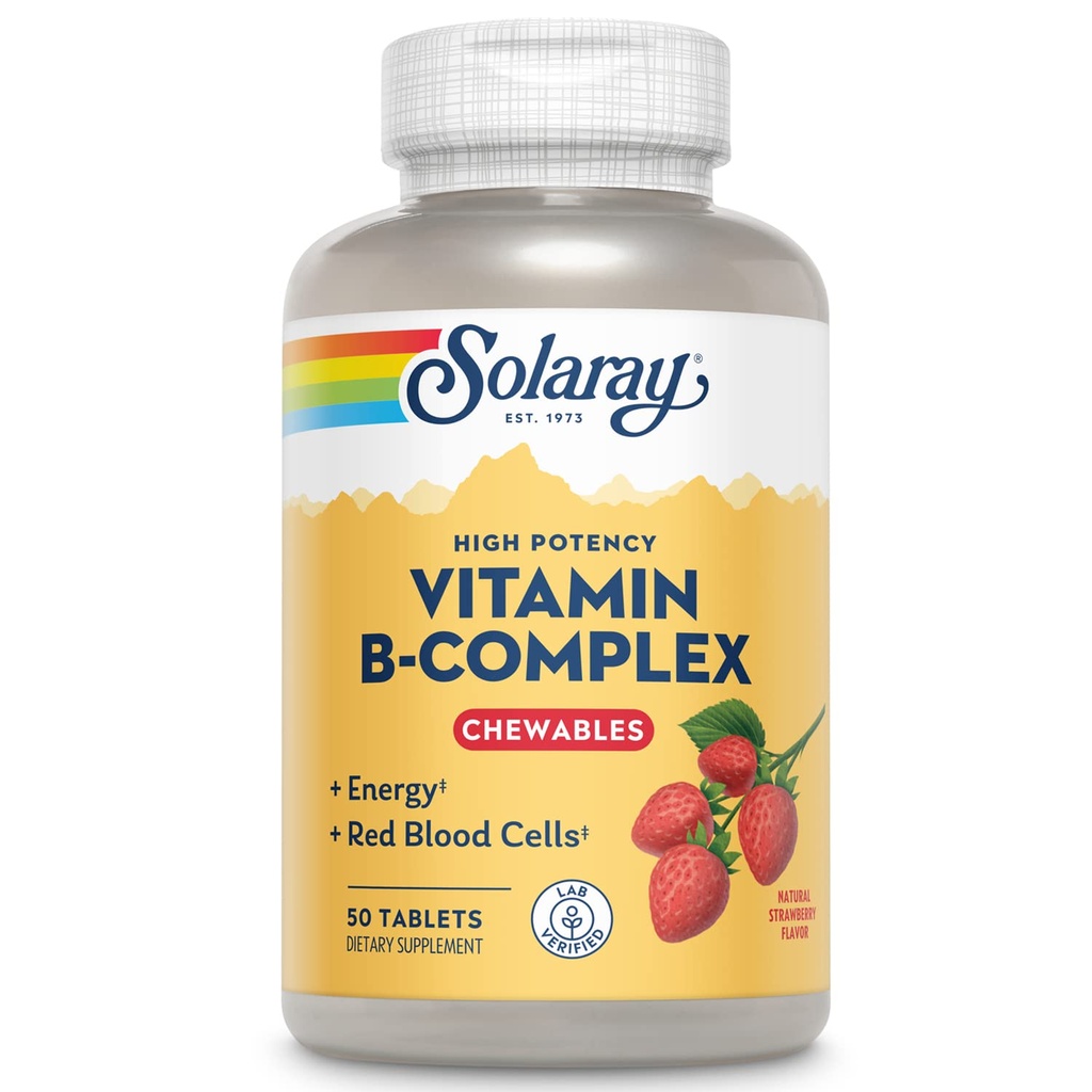 SOLARAY Vitamin B- Complex μασώμενα, φράουλα, υγιής ενέργεια, κόκκινο αίμα κυττάρων, άγχος & υποστήριξη μεταβολισμού, 50 δισκία