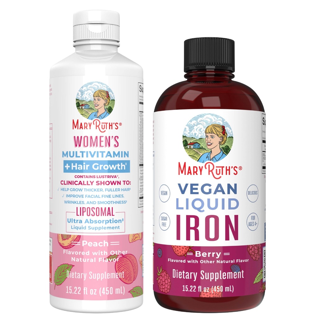 MaryRuth's Women's Multivitamin + Hair Growth Liposomal (Peach) & Iron Liquid (Berry) | Clean Label Project Verified® | Supplements for Beauty, Immunity, & Overall Health | Vegan, Non-GMO, Gluten-Free