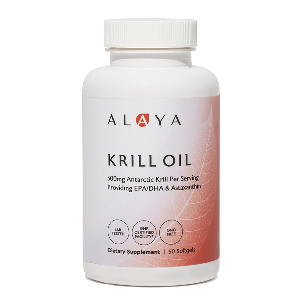 Alaya Naturals - Ανταρκτική Oil Krll 500mg συμπλήρωμα με φωσφολιπίδια, EPA/DHA Ωμέγα 3 & Ασταξανθίνη - μη GMO - PCB tested Krill Oil - 60 Softgels