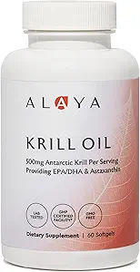 Alaya Naturals - Ανταρκτική Oil Krll 500mg συμπλήρωμα με φωσφολιπίδια, EPA/DHA Ωμέγα 3 & Ασταξανθίνη - μη GMO - PCB tested Krill Oil - 60 Softgels