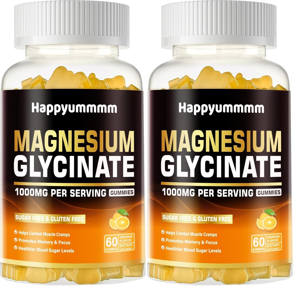 Μαγνήσιο Γλυκινικό Gummies 1000mg - Συμπλήρωμα χωρίς ζάχαρη Μαγνήσιο Κάλιο με βιταμίνη D, B6, CoQ10 για υποστήριξη ηρεμίας & ύπνου - 120 Orange Gummies.