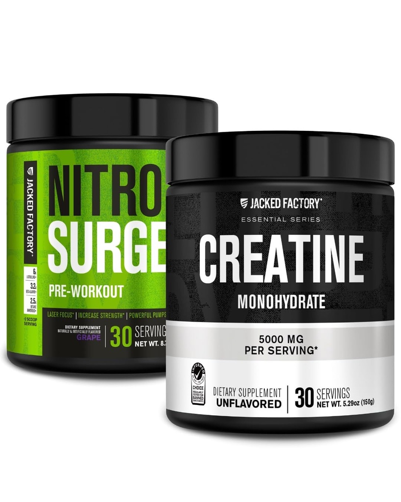 Jacked Factory NITROSURGE Προκατεργασία συμπλήρωμα (Σταφύλι, 30 εξυπηρετούν) & Creatine Monohydrate σκόνη (Unfraved, 30 εξυπηρετούν)