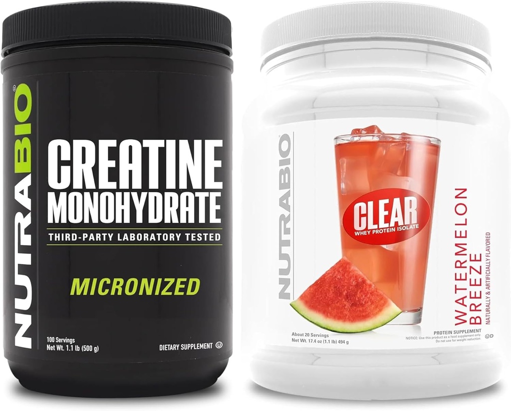 NutraBio Creatine Monohydrate, Unflavored, (500 g) και Clear Whey Protein Isolate, (Watermelon Breeze) συμπλήρωμα Bundle – μυϊκή ενέργεια, μέγιστη ανάπτυξη, ανάκτηση, και δύναμη