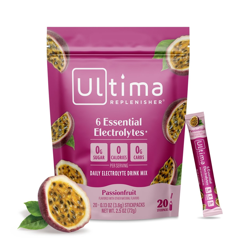 Ultima Replenisher Daily Electrolyte Powder – Passionfruit, 20 Stickpacks – Zero Sugar Hydration Packets with 6 Electrolytes and Minerals – Sugar Free, Plant Based & Keto Friendly Drink Mix
