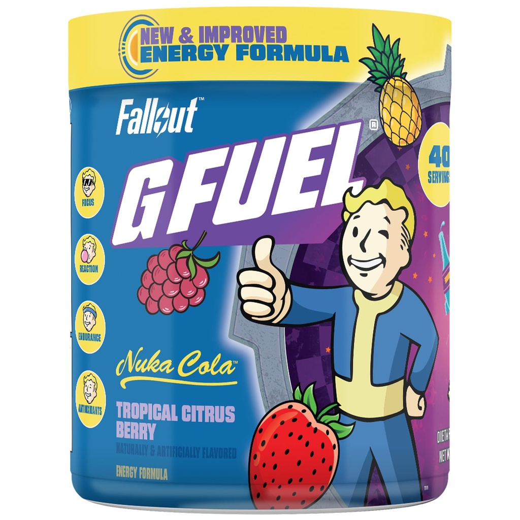 G Καύσιμο Nuka Cola Energy Powder, Sugar Free, Clean Caffeine Focus Supplement, Water Mix, Tropical Citrus Berry Flavor, Focus Amino, Vitamin + Antioxidants Blend - 9,8 oz (40 μερίδες)