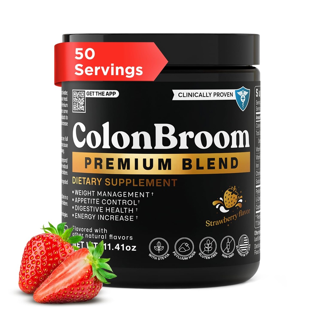 ColonBroom Premium Powder Supplement (Strawberry, 50 Servings) - Colon Broom Psyllium Husk Fiber Powder Drink - Gluten Free, Non-GMO Colon Cleanse for Bloating Relief & Gut Health