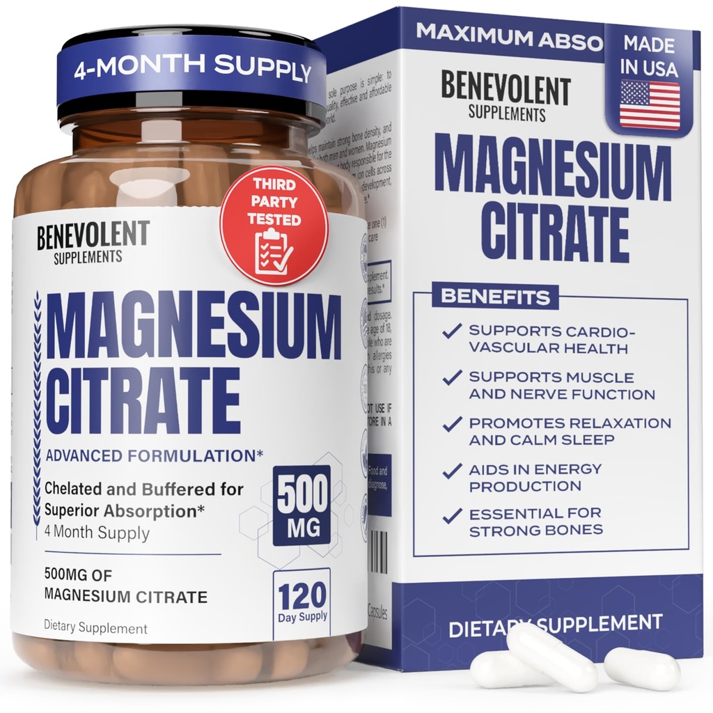 Premium Μαγνήσιο Κιτρικό 500mg Κάψουλες (Citrato de Magnesio) Υψηλής Απορρόφησης Φόρμουλα Χηλικής Ρυθμιζόμενης Κιτρικής για την Υποστήριξη της Διέγερσης, Οστού, Ύπνου & Μυικής Υγείας - 120 Κάψουλες