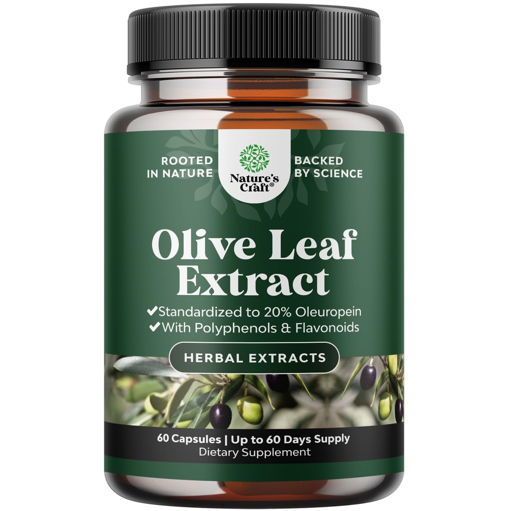 Potent Olive Leaf Extract Capsules - High Strength Antioxidant Supplement with Pure Olive Leaf with 20% Oleuropein - Herbal Heart Health Supplement - Vegan Non-GMO & Gluten Free - 60 Count