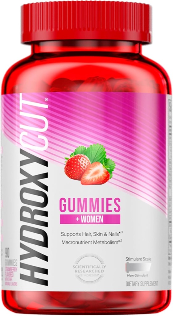 Hydroxycut Gummies +Women, Strawberry - 99% Caffeine Free - Υποστηρίζει τα μαλλιά, το δέρμα και τα νύχια - Μεταβολίστε υδατάνθρακες, πρωτεΐνες & λίπη