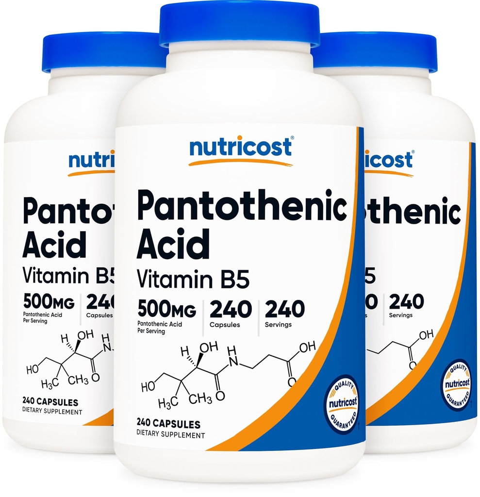 Παντοθενικό οξύ (βιταμίνη B5) 500mg, 240 κάψουλες (3 φιάλες)