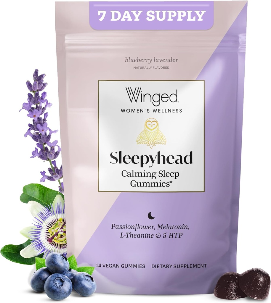 Winged Wellness Sleepyhead Natural Sleep Gummies for Women - Sleep Support Aid for Adults with 3mg Melatonin, L-Theanine, 5-HTP - Natural Gummy Supplement - Λεβάντα βατόμουρου, 14 Vegan Gummies