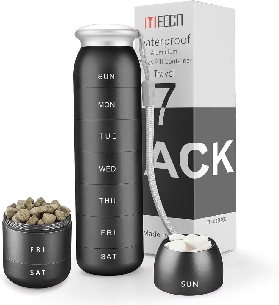 Εβδομαδιαία Διοργανωτής Χάπια, Φορητό Ταξίδι 7 Ημέρα, Αδιάβροχο Δοχείο, Μεγάλο, Αλουμινίου, Μέταλλο, Κρατούν Βιταμίνες, Cod Liver Oil, Συμπληρώματα και Φάρμακα (Μαύρο)