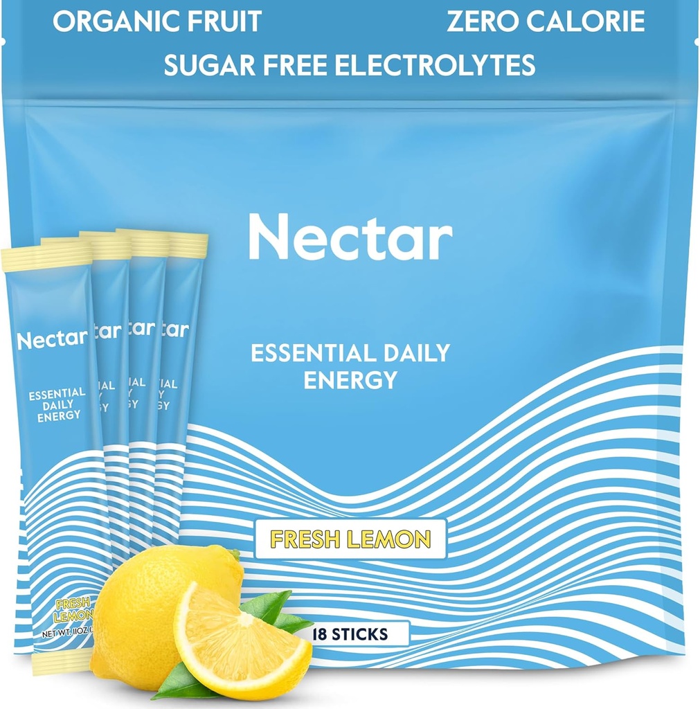 Nectar Energy Booster - Βιολογική καφεΐνη, B12 & ηλεκτρολύτες - Ζάχαρη Χωρίς & Μηδέν θερμίδες – Υγιεινός καφές, Ενεργειακό Ποτό & Εναλλακτική Σόδα – Ενυδάτωση & Συμπλήρωμα Ενέργειας (Λεμόνι 18 Powder Packets)