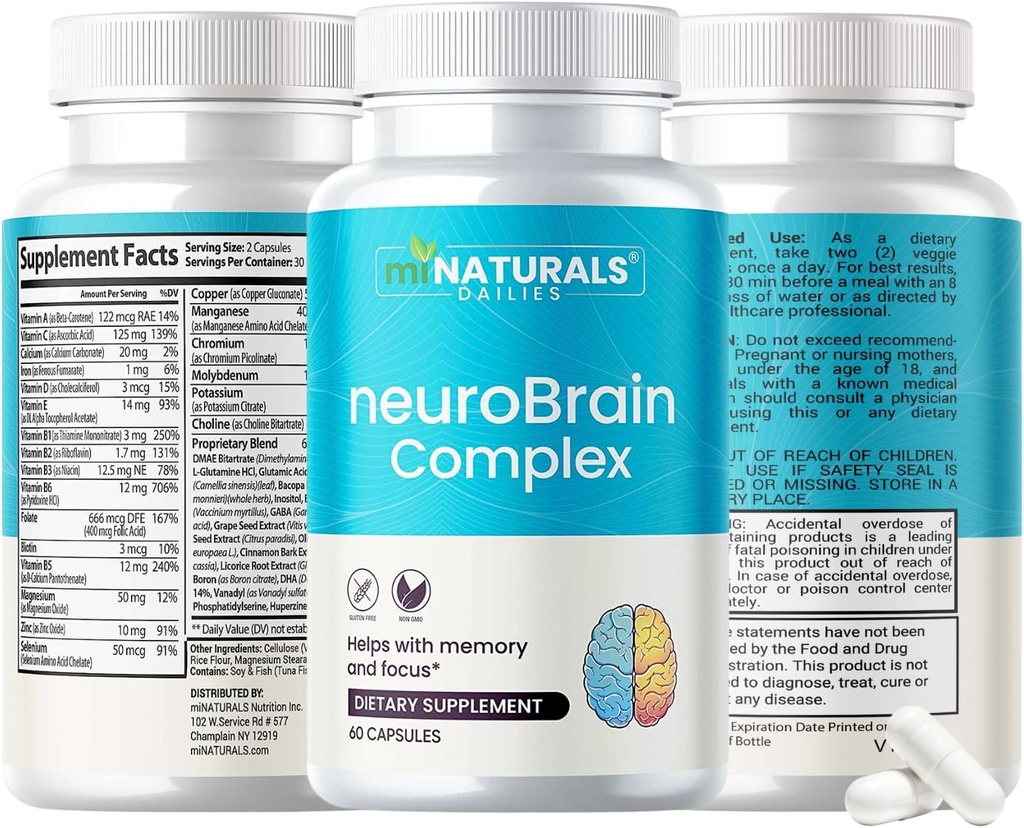 MINATURALS neuroBRAIN Complex Συμπληρώματα για Βοήθεια με Μνήμη και Εστίαση Για Άνδρες, γυναίκες και ηλικιωμένους, Βιταμίνες και Bacopa, GABA, Σπόροι σταφυλιού, εκχύλισμα φρούτων Bilberry, και περισσότερα...