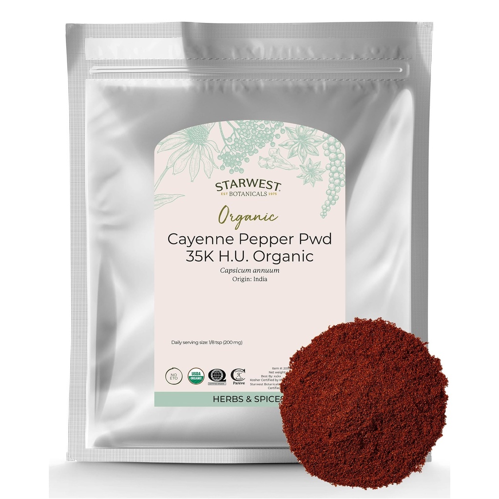 Starwest Botanicals Organic Cayenne Pepper Powder 35k HU - Προσθέτει θερμότητα, κόκκινο πιπέρι Spice για καρυκεύματα & μαρινάδες, που προέρχονται από καψαϊκίνη, Certified Kosher, μη-GMO - Μαζική τσάντα 1 lb