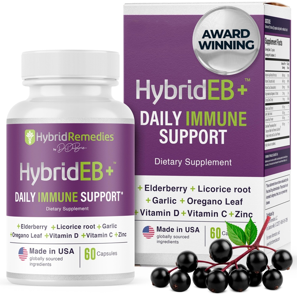 HybridEB Sambucus Elderberry Immune Support with Vitamin C, Zinc, Vitamin D3 - Συμπλήρωμα Αντιοξειδωτικών & Ανοσίας, 1 Μήνας Προσφορά - 9 in 1 Black Elderberry Kids and Adults - 60 Κάψουλες