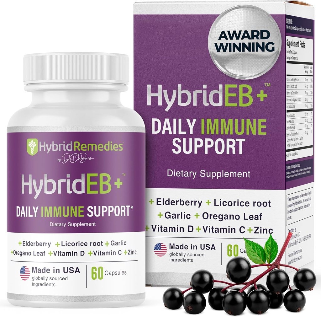 HybridEB Sambucus Elderberry Immune Support with Vitamin C, Zinc, Vitamin D3 - Συμπλήρωμα Αντιοξειδωτικών & Ανοσίας, 1 Μήνας Προσφορά - 9 in 1 Black Elderberry Kids and Adults - 60 Κάψουλες