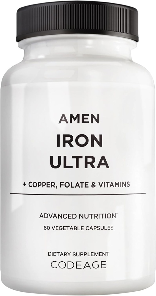 Amen Iron Ultra Supplement + Χαλκός, Φολικό, Βιταμίνη C και B12-2-Month Supply - Σιδήρου Sulfate Σιδήρου Βιταμίνη - 65mg ανά υπηρεσία - Φολικό οξύ - Μη ΓΤΟ χάπια - 60 κάψουλες