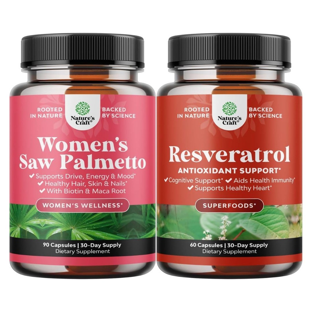 Πακέτο Γυναικείων Πριονιών Palmetto και Resveratrol συμπλήρωμα - Saw Palmetto Εκχύλισμα κάψουλες με Maca Root & Βιοτίνη για την τριχόπτωση και AMPK Μεταβολισμός Ενισχύστε & Κυτταρική απόδοση