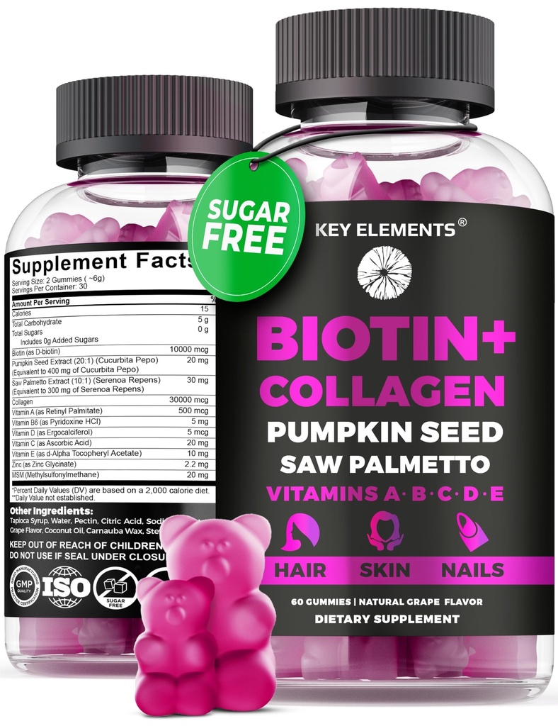 Δέρμα μαλλιών και νύχια 10000mcg Gummies & Collagen Gummies - Βιοτίνη Βιταμίνες για την ανάπτυξη των μαλλιών Pumpkin Seed Oil, Saw Palmetto Extract & Vitamins A B6 C D E - Βιοτίνη και Collagen Συμπληρώματα
