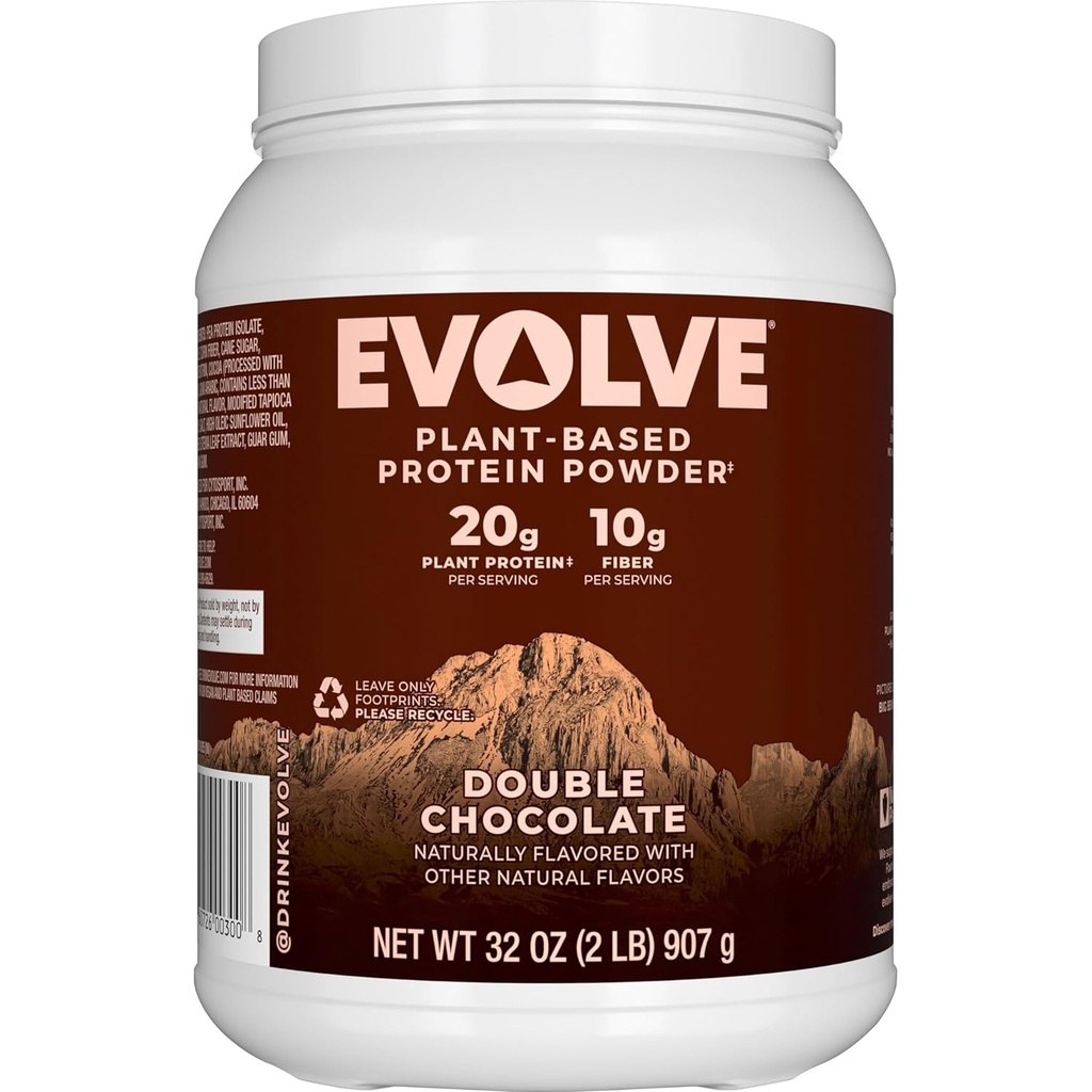 Evolve Plant Based Protein Powder, Double Chocolate, 20g Vegan Protein, Dairy Free, No Artificial Flavors, Non-GMO, 3g Fiber,   Exclusive, 2 Pound (Packaging May Vary)