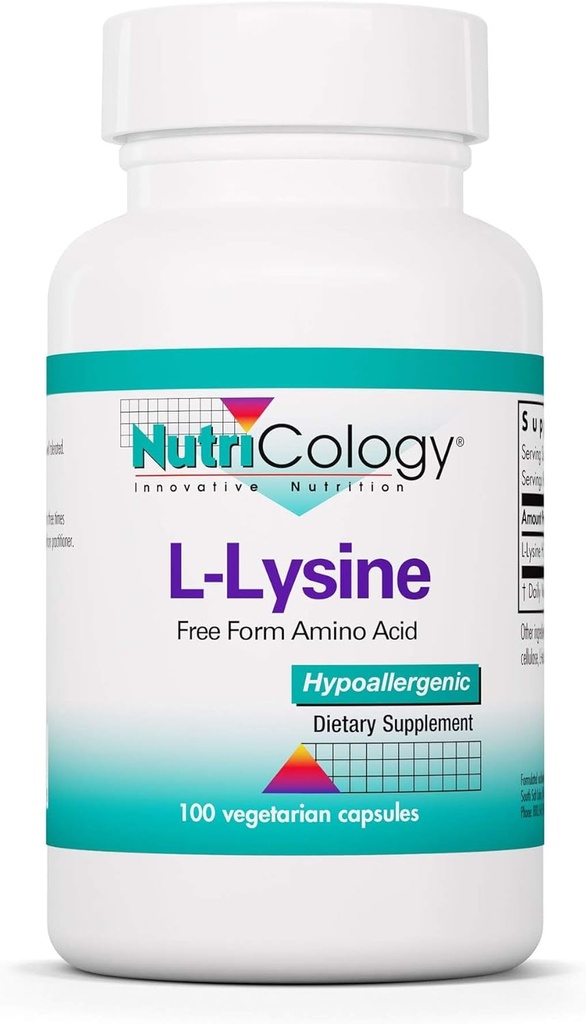 Nutricology L-Lysine - Ανοσολογική Υποστήριξη, L-Lysine HCI, Δωρεάν Μορφή Amino Acid, 500mg Συμπλήρωμα, Καθαρή, Οργανική, Χορτοφαγική Κάψουλες - 100 Count