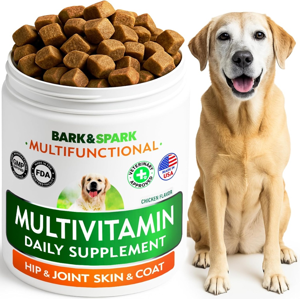 BARK&SPARK Βιταμίνες σκύλου & Συμπληρώματα - Πολυβιταμίνη Μασώμενα Θεραπείες για σκύλους - Γλυκοσαμίνη Χονδροϊτίνη για κοινή υποστήριξη + Ωμέγα για το δέρμα & Coat + Προβιοτικά - Multi Βιταμίνη για κατοικίδια Υγεία - 120Ct
