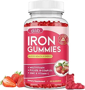 Iron Gummies with Multivitamin, Iron Supplement for Women & Men with Zinc, Vitamin B Complex & C, B12, Folate - Blood Builder & Energy Support for Adults & Kids - Strawberry Flavor, Vegan 60 Gummies