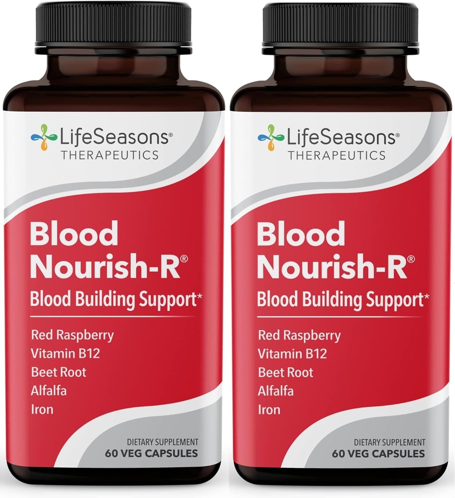 LifeSeasons Blood Nourish-R - Συμπλήρωμα σιδήρου - Μη Συντηρητικό - Υποστηρίζει αναιμία, Κόπωση, Παλαιότητα & Ζάλη - Κτίριο αίματος - Σίδερο, Αλφάλφα, Βατόμουρο & Βιταμίνη B-12-60 Κάψουλες (πακέτο του 2)