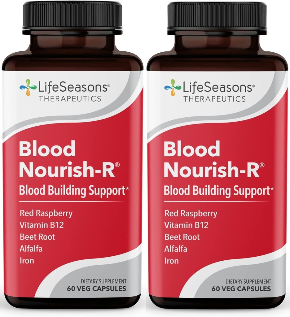 LifeSeasons Blood Nourish-R - Συμπλήρωμα σιδήρου - Μη Συντηρητικό - Υποστηρίζει αναιμία, Κόπωση, Παλαιότητα & Ζάλη - Κτίριο αίματος - Σίδερο, Αλφάλφα, Βατόμουρο & Βιταμίνη B-12-60 Κάψουλες (πακέτο του 2)