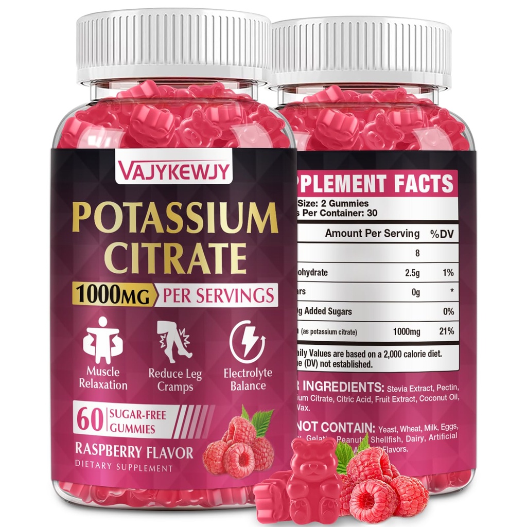 Κυτταρικό Κάλιο Gummies, Υψηλή Συμπληρώματα Κάλιο (1000mg), Υποστηρικτικά Πόδι Cramps & Μυική Υγεία, Κατάλληλο για Ενήλικες & Παιδιά, Vegan, Μη ΓΤΟ, 60-Count