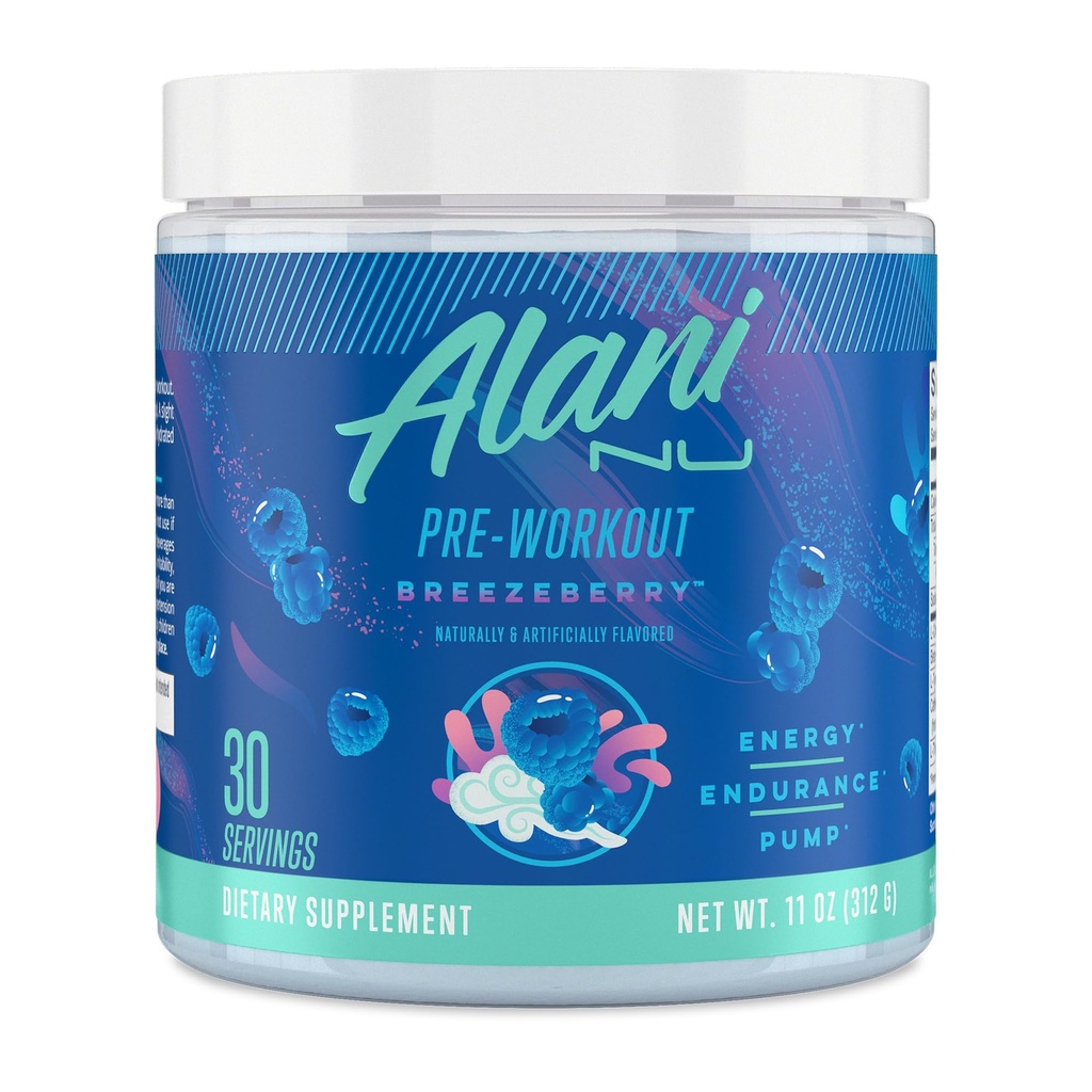 Alani Nu Pre Processing Powder BREEZEBERRY, Amino Energy Boost, συμπλήρωμα αντοχής, χωρίς ζάχαρη, 200mg καφεΐνη, L-Θεανίνη, Beta-Αλανίνη, L-Citrulline, 30 υπηρεσίες