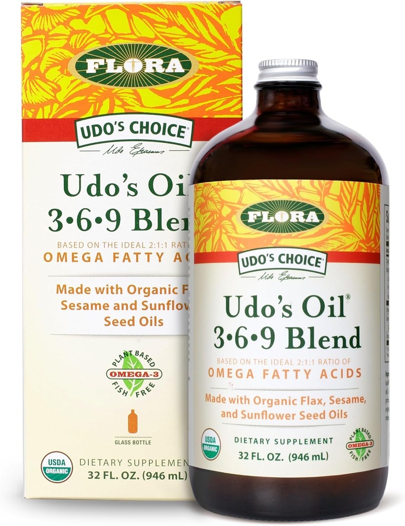 Flora Udo's Oil 3-6-9 Blend - Vegan Omega-3-6, Περιέχει οργανική καρύδα, έλαιο λιναριού & περισσότερα - Κρατήστε chilled - 32 fl. oz.