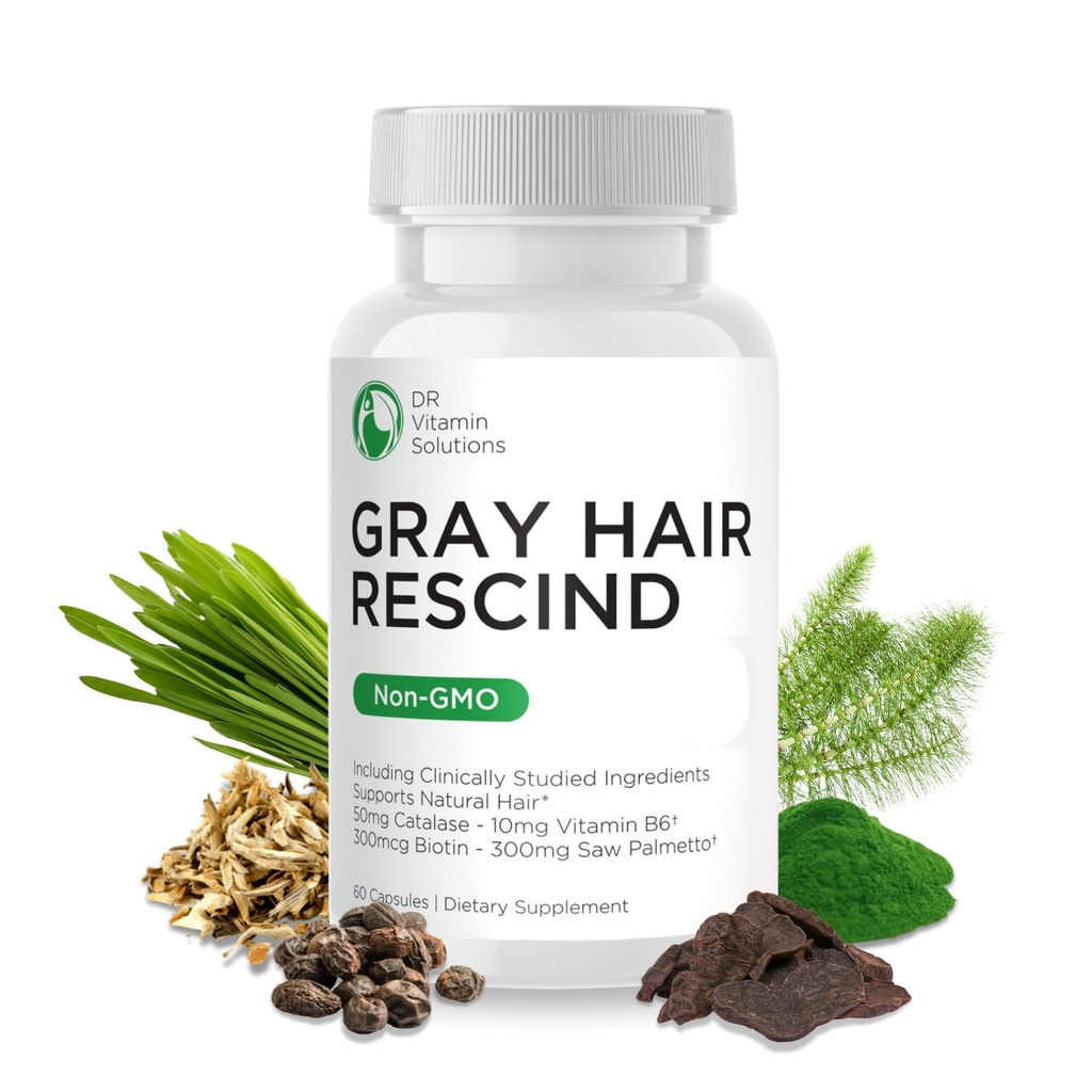 DR Vitamin Solutions Gray Hair Rescined with Catalase - Αντιγήρανση μαλλιών, δέρματος και νυχιών Βιταμίνες, παντοθενικό οξύ, φολικό οξύ 400mcg, βιοτίνη 300mcg, πριονισμένο Palmetto για άνδρες και γυναίκες