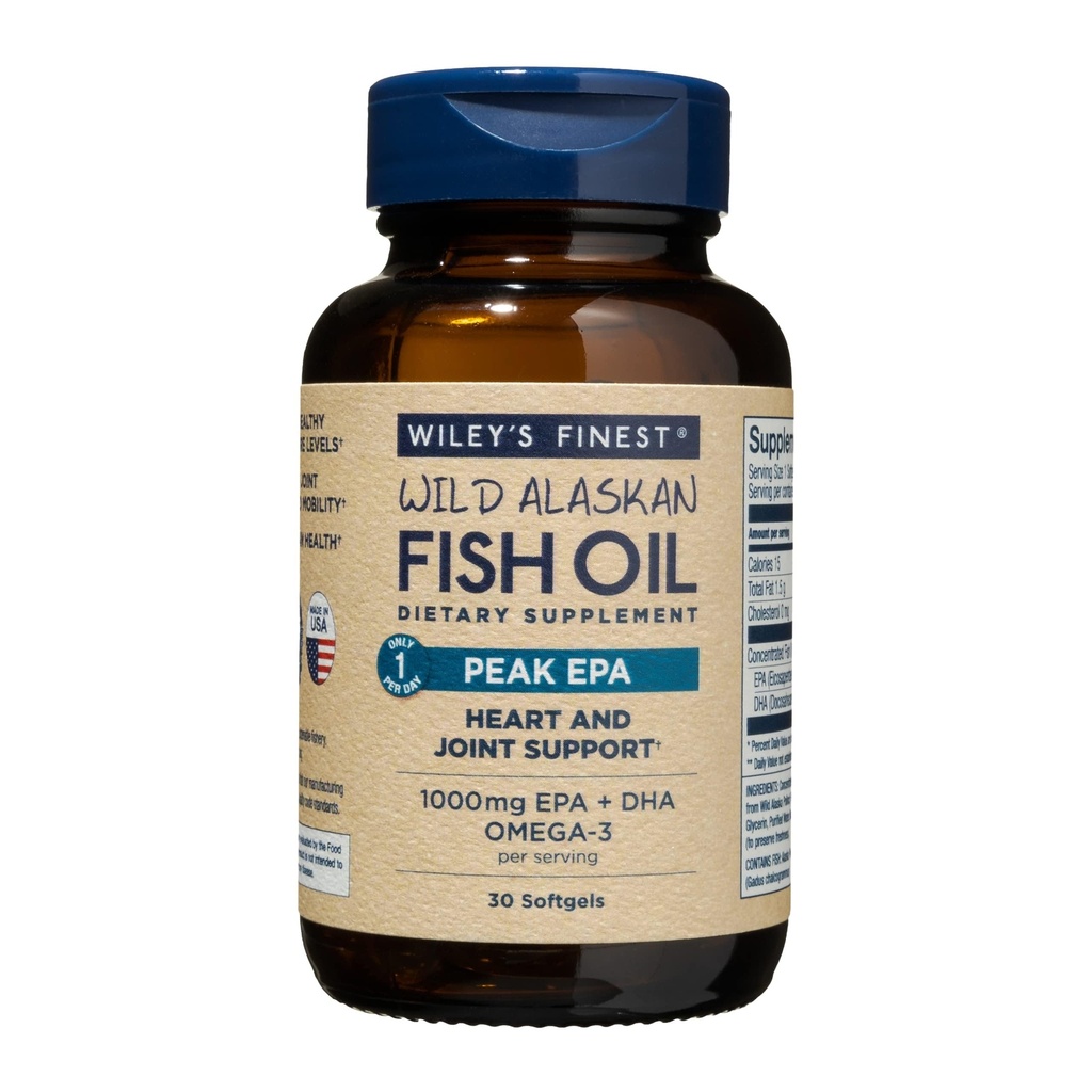 Wiley's Finest Wild Alaska Fish Oil Peak EPA - Triple Strength Peak EPA & DHA Supplement - 1000mg Fish Oil - Omega-3s for Joint Health Support - 30 Softgels (30 Services)