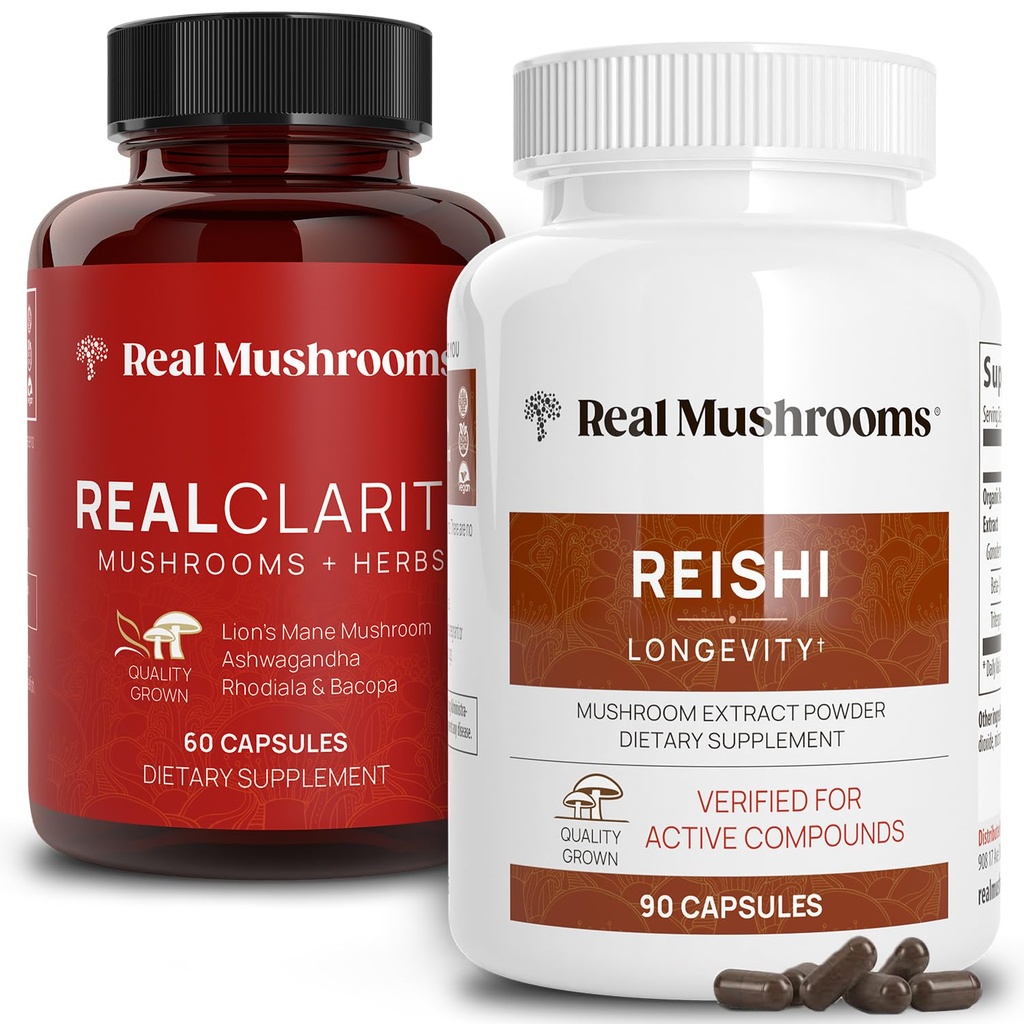 Real Mushrooms RealClarity (60ct) and Reishi (90ct) Κάψουλες Bundle - Mushroom Supplement for Mental Clarity, Focus, Relaxation, Sleep & Longevity - Vegan, Non-GMO, Επαληθευμένα Επίπεδα Beta-Glucans