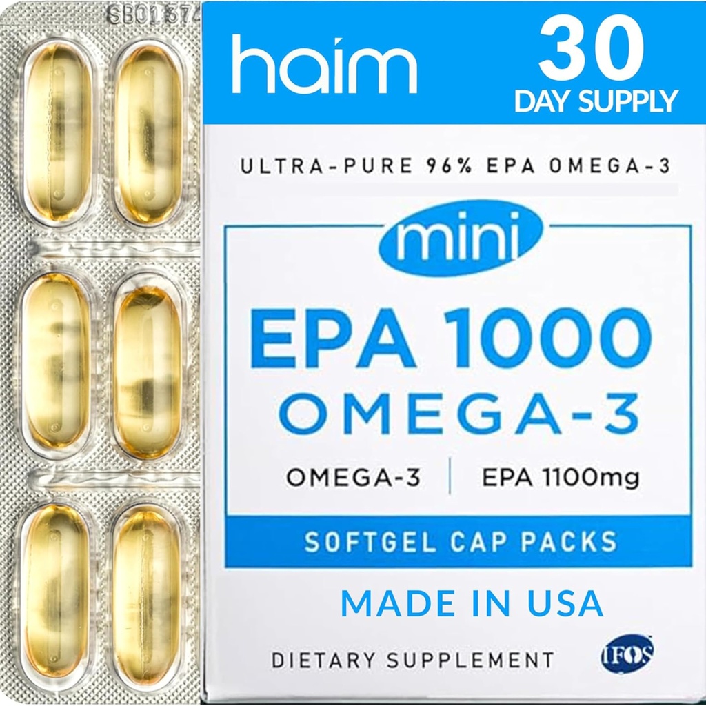 HAIM EPA1000 MINI – Pure EPA Fish Oil Supplement – 1,100mg Omega-3 για την καρδιά, τον εγκέφαλο και την κοινή υγεία – Υψηλή ισχύς, Burpless Softgels – Μικρές κάψουλες εύκολο στη χρήση – 60 Softgels – Made in USA