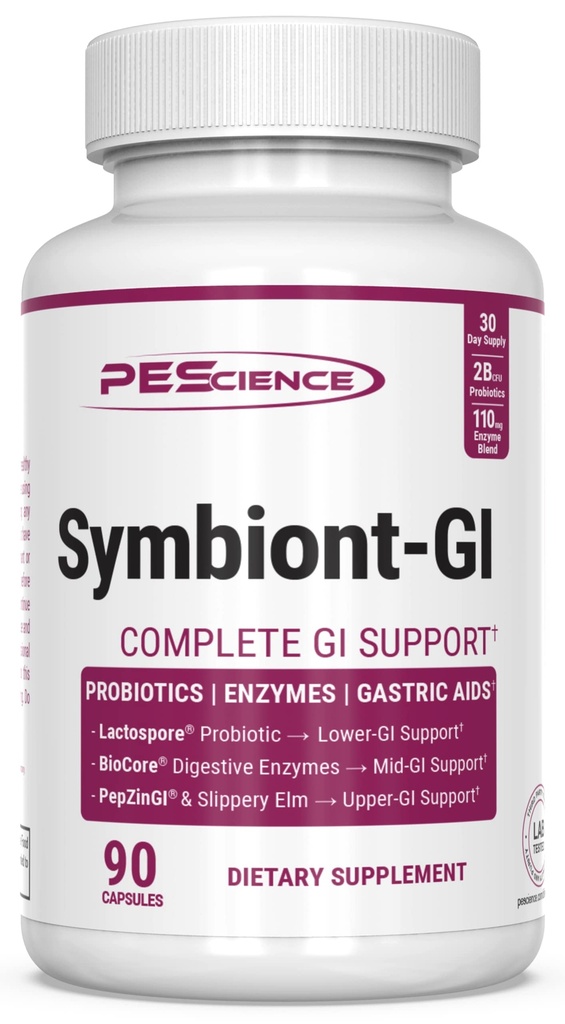 PEScience Symbiont-GI Gut Health Capsules with Zinc Carnosine Pepzin GI, Shelf Stable Probiotic, Digestive Enzymes, Slippery Elm Bark, 30 Day Supply, 90 Capsules